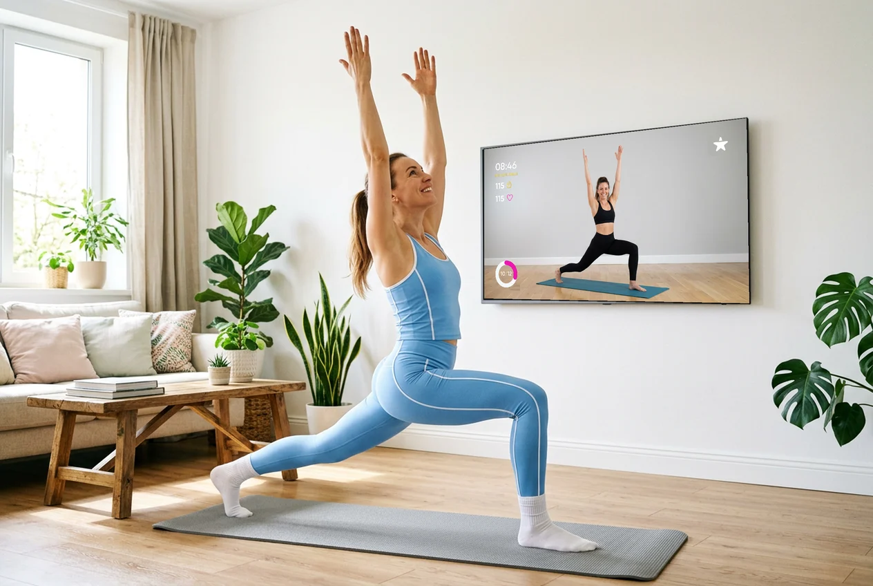Выпад перед Smart TV, на экране тренер в той же позе